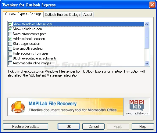 Tweaker for Outlook Express स्क्रीनशॉट 1