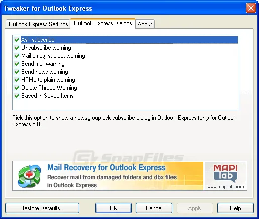 Tweaker for Outlook Express स्क्रीनशॉट 2