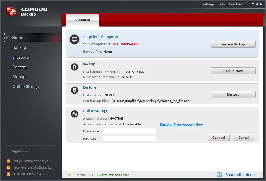 Comodo Backup स्क्रीनशॉट 1