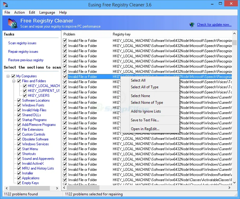 Eusing Free Registry Cleaner स्क्रीनशॉट 1