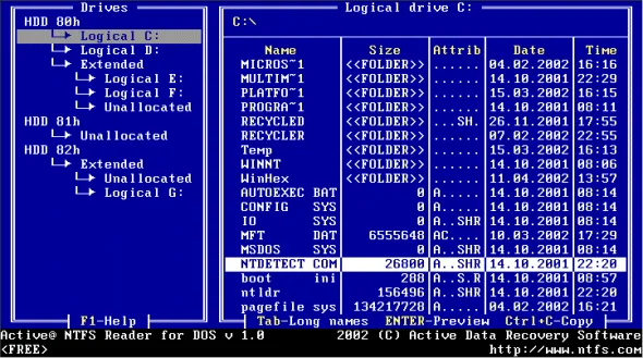 Active NTFS Reader for DOS स्क्रीनशॉट 1