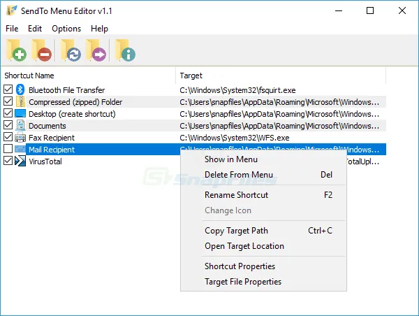 SendTo Menu Editor स्क्रीनशॉट 1