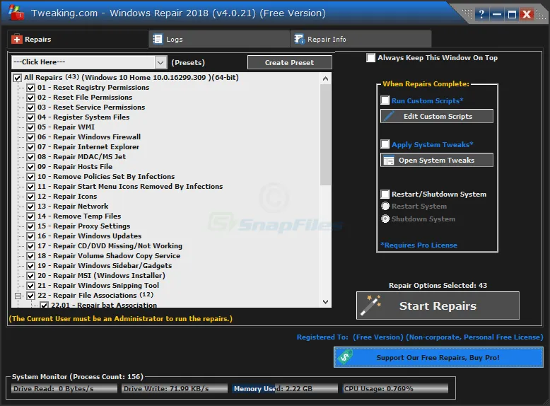 Tweaking.com Windows Repair स्क्रीनशॉट 1